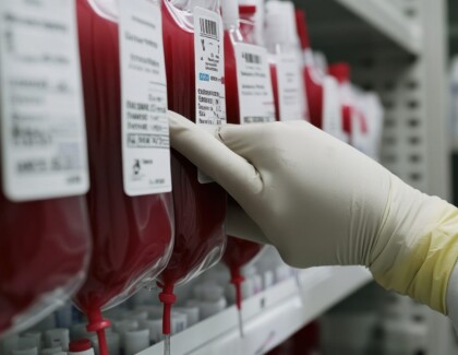A Gloved Hand Selects A Blood Bag From A Storage Shelf In A Laboratory Setting.