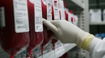 A Gloved Hand Selects A Blood Bag From A Storage Shelf In A Laboratory Setting.
