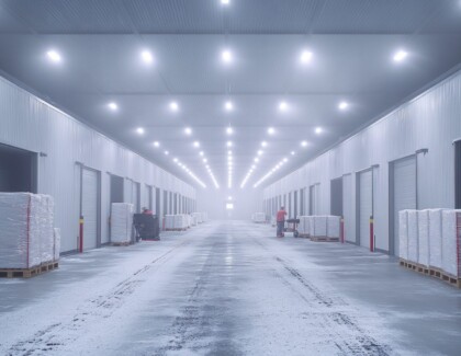 Industrial Freezer Warehouse Aisle, Worker, Loading, Pallets, Foggy Background