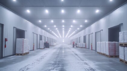 Industrial Freezer Warehouse Aisle, Worker, Loading, Pallets, Foggy Background
