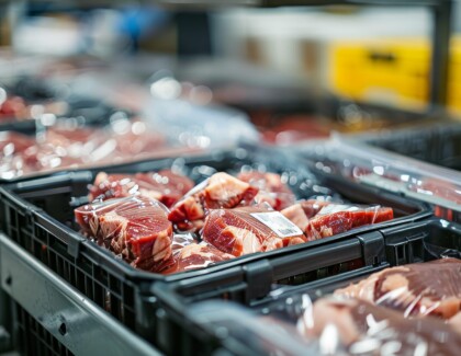 Industrial Setting With Packed Crates Of Meat, Each In Plastic Packaging, Ready For Shipment, Logistic Center