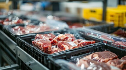 Industrial Setting With Packed Crates Of Meat, Each In Plastic Packaging, Ready For Shipment, Logistic Center