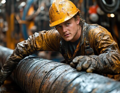 An Oil Worker Tightens A Pipe On An Offshore Rig, Ensuring Smooth Energy Operations