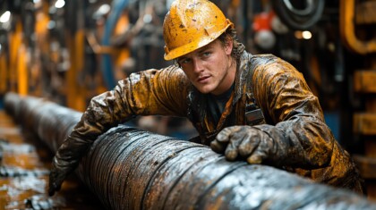 An Oil Worker Tightens A Pipe On An Offshore Rig, Ensuring Smooth Energy Operations